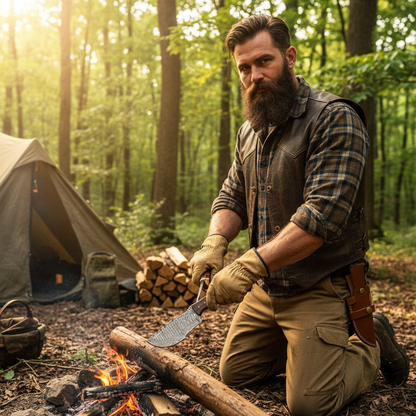 Rugged outdoorsman doing survival bushcraft with Damascus ram horn walnut tracker knife at bright forest campsite
