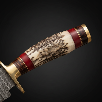 Close view of the natural stag horn handle with colored wood Micarta spacers and brass pommel