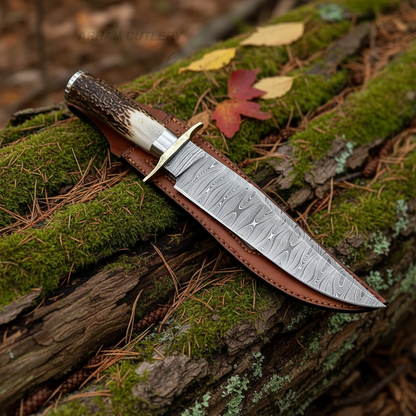 Handmade Damascus Bowie knife with stag antler handle on mossy forest log, blade pointing right