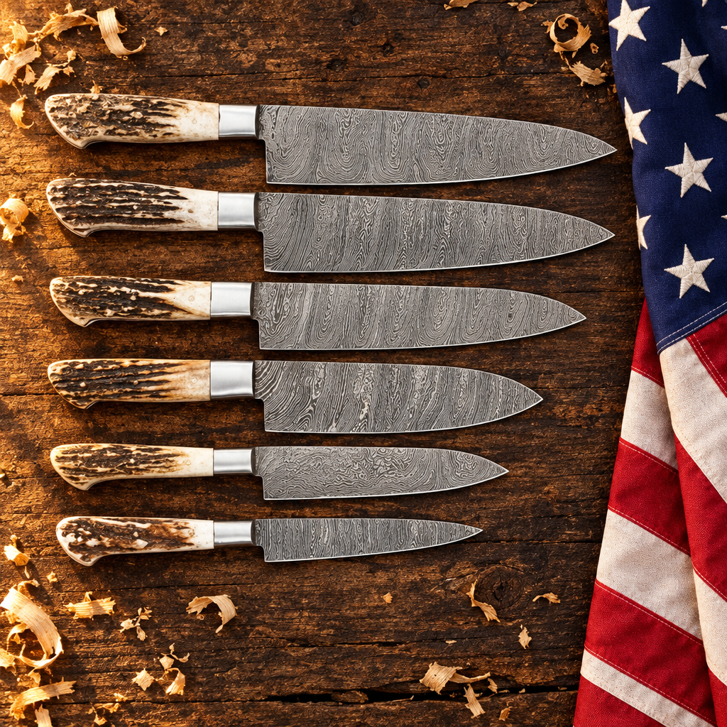 Handmade Damascus Stag Horn Handle Kitchen Knife Set - true american blades
