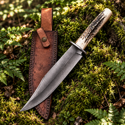 Carbon steel survival knife and brown leather sheath resting on thick green forest moss natural outdoor setting