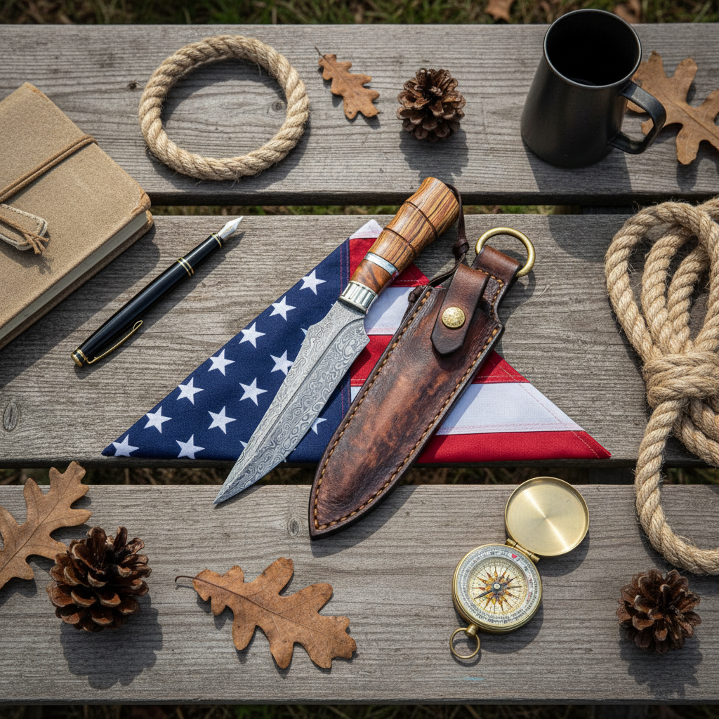 Custom handmade Damascus steel dagger knife and leather sheath arranged over a USA flag in an outdoor flat lay