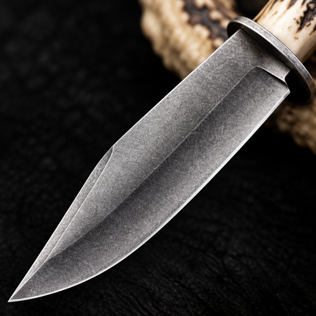 Extreme close-up of stone wash carbon steel drop point blade texture on deep black charcoal background