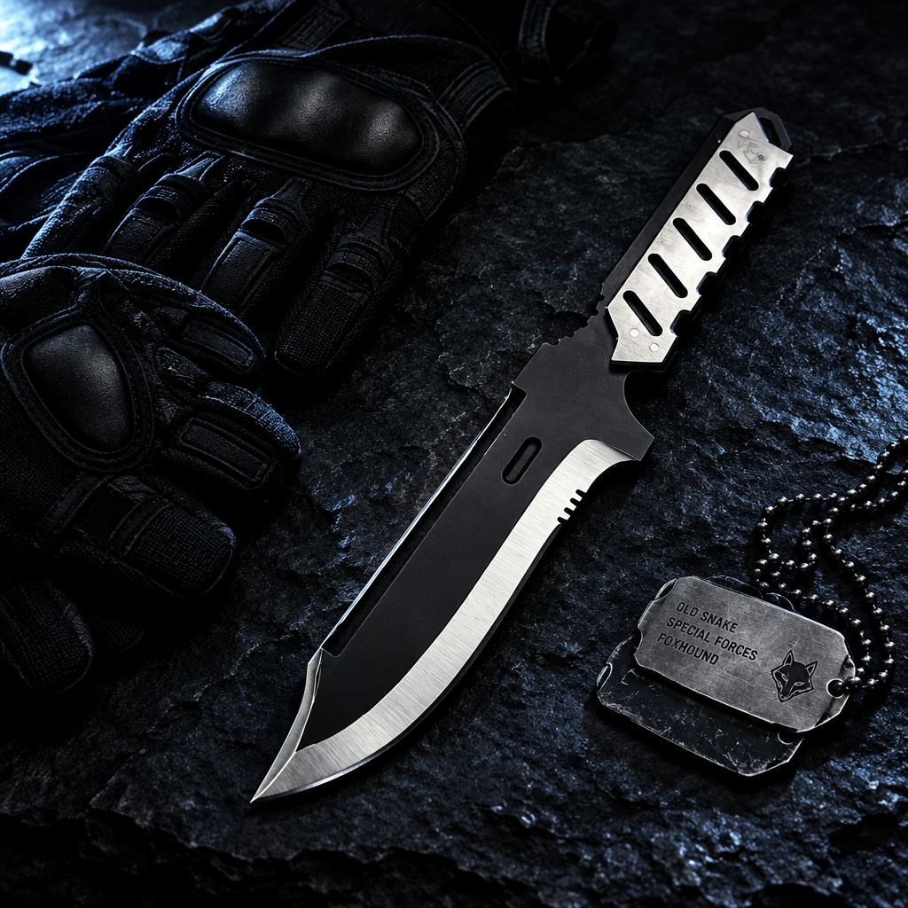 MGS4 Old Snake replica knife dark luxury cinematic editorial shot with tactical gloves and military dog tag