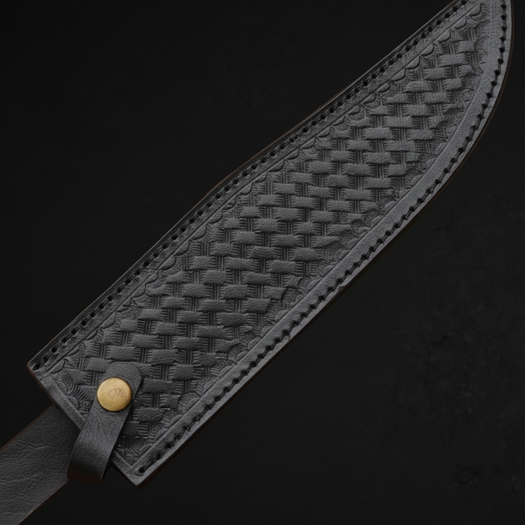 Extreme close-up of black basketweave embossed leather Bowie knife sheath diagonal angle brass snap button on black background