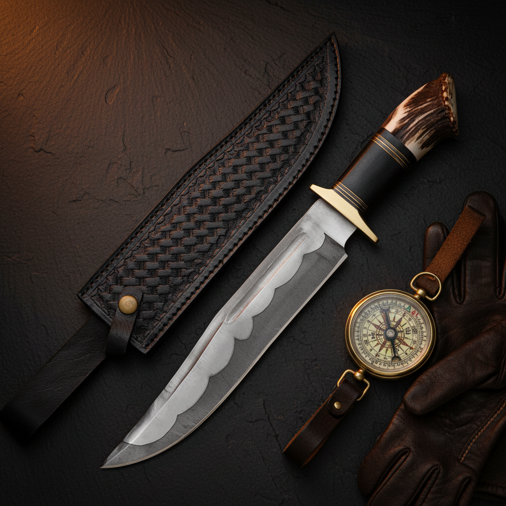 Hand forged Bowie knife elk antler handle dark luxury cinematic editorial shot with vintage compass and leather gloves