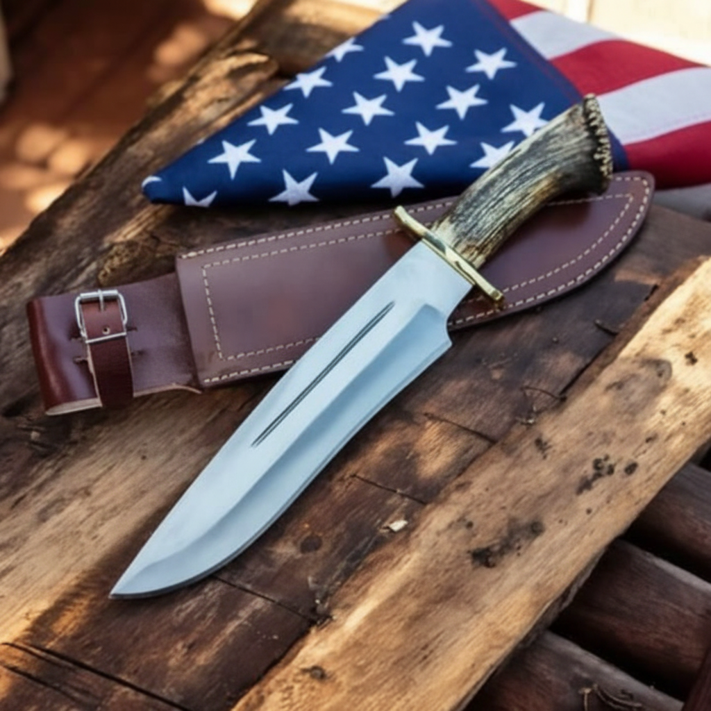 Handmade D2 Bowie knife and genuine leather sheath with an American flag at the side