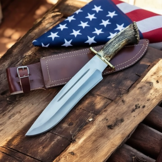 Handmade D2 Bowie knife and genuine leather sheath with an American flag at the side