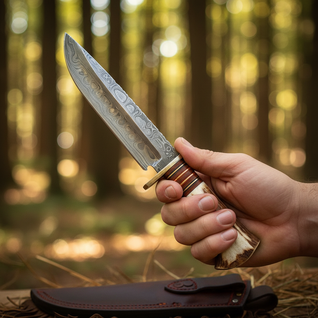 Hand holding the Damascus Bowie hunting fixed blade knife with stag antler handle against forest bokeh