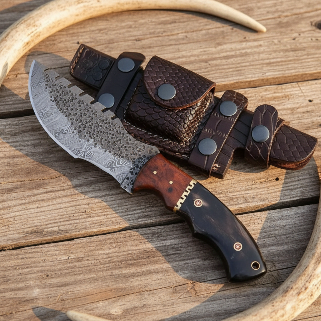 Damascus tracker knife and sheath on rustic wood with natural horn props