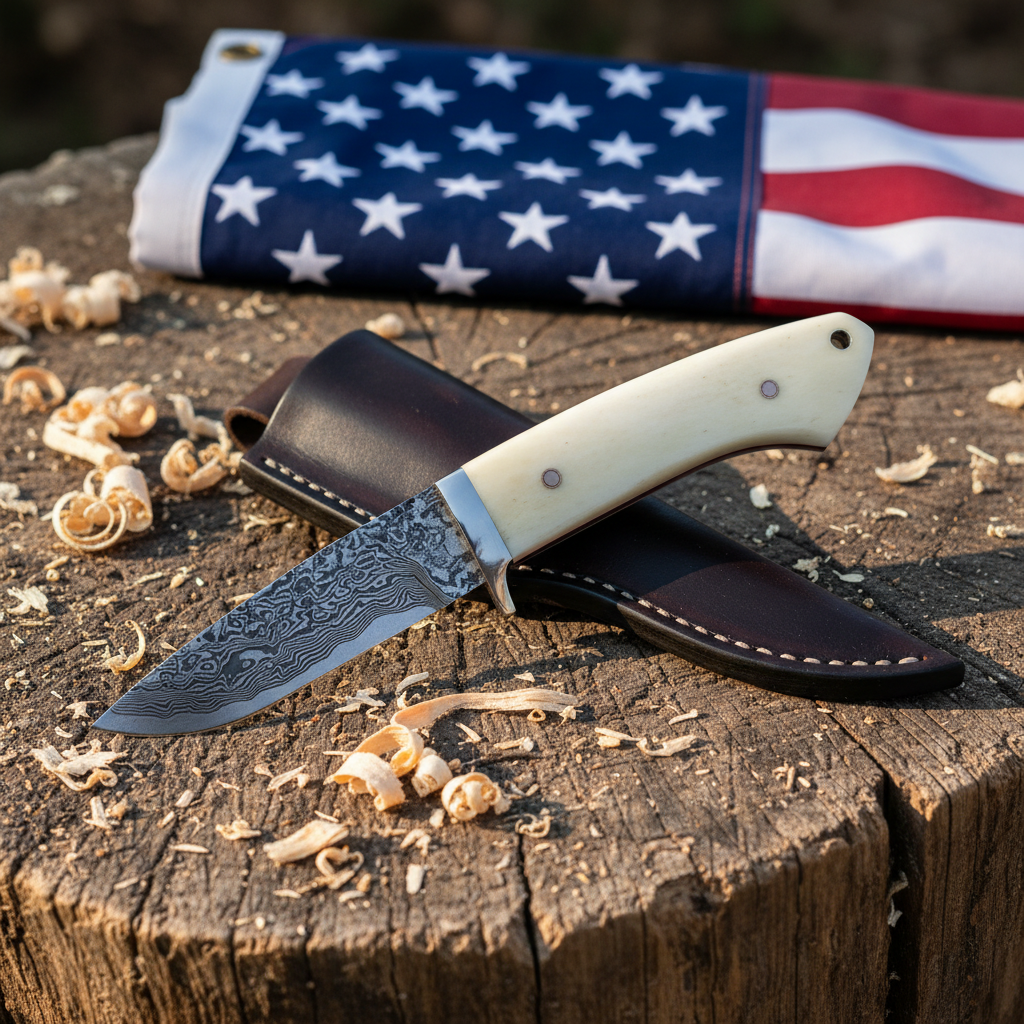 Handmade Damascus steel drop point knife with white camel bone handle on rustic wood surface with American flag