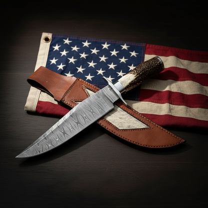 Handmade Damascus Bowie knife displayed beside American USA flag, patriotic collector display