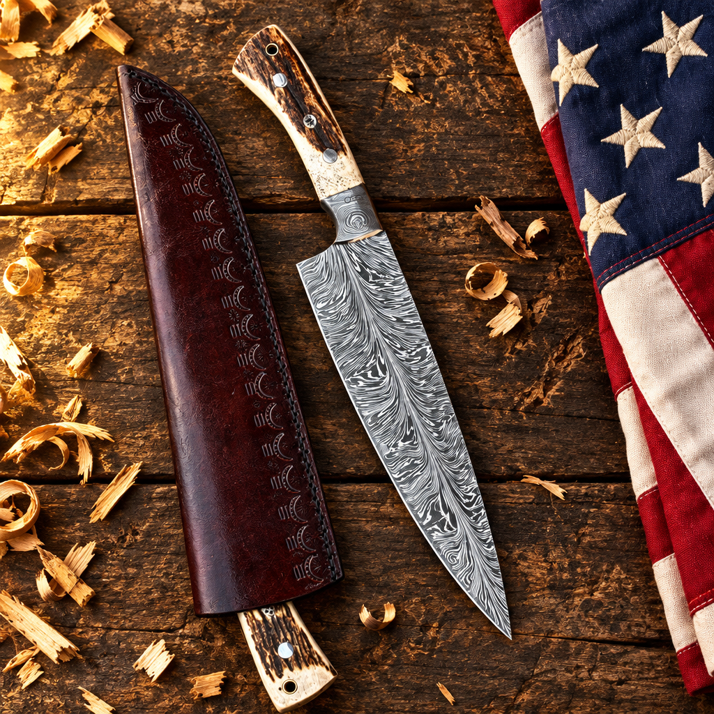 Custom handmade feather Damascus chef knife antler handle Damascus guard hero flat lay on rustic dark wood with American USA flag