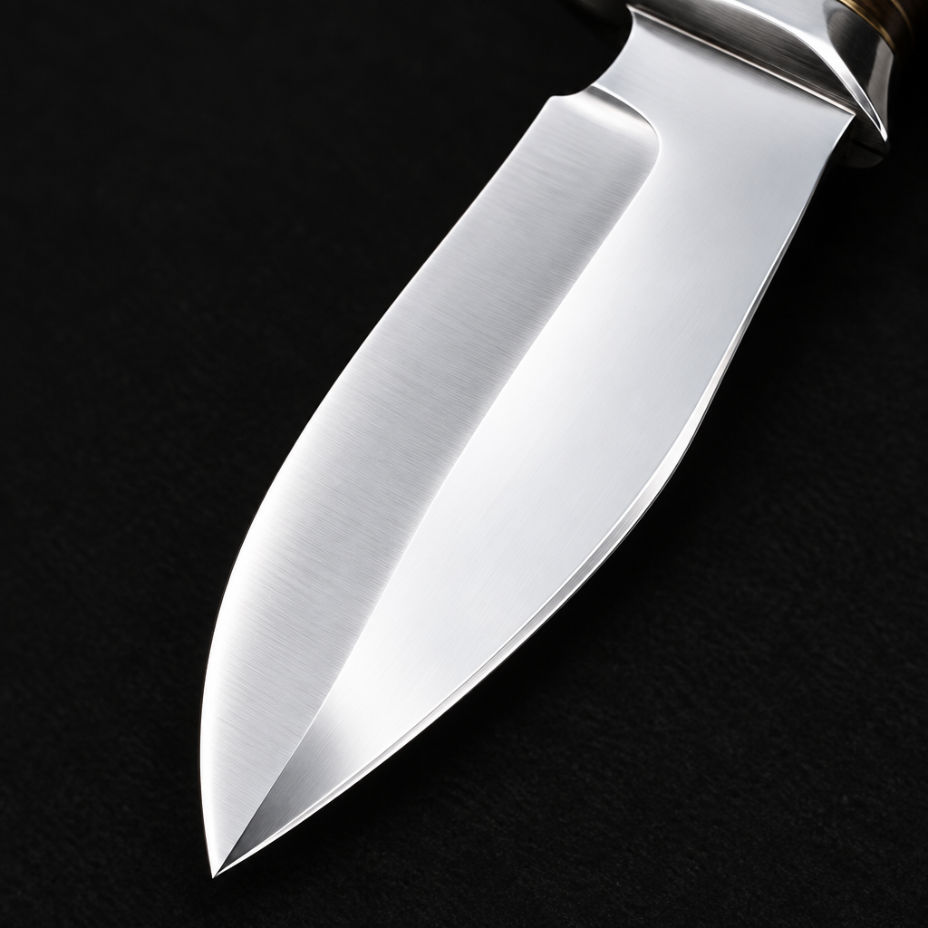 Extreme close-up of handmade D2 steel hunting knife mirror polished drop point blade on deep black charcoal background