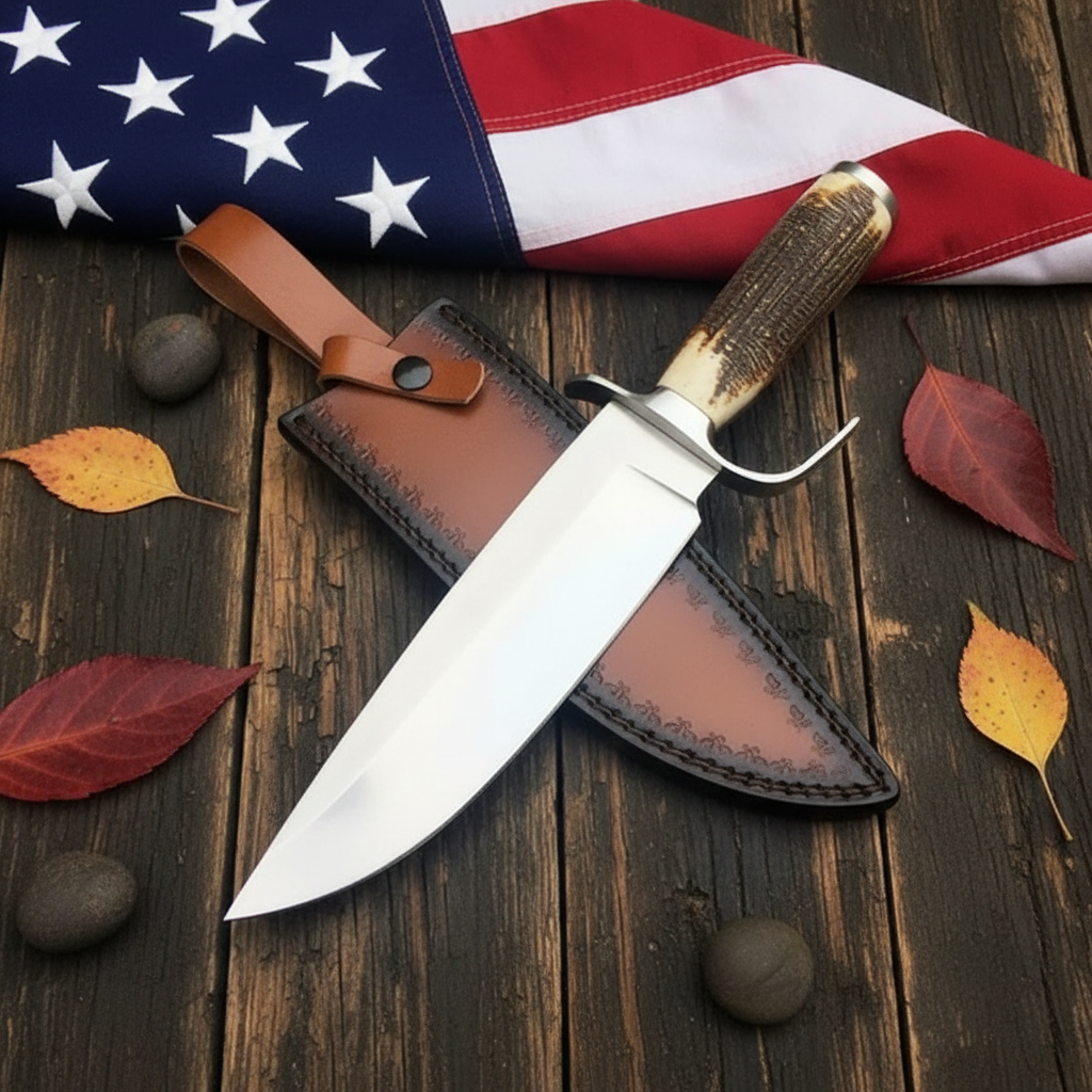 D2 Bowie knife with antler handle and brown leather sheath on wood with an American flag backdrop