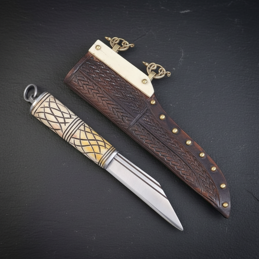 Handmade Viking Seax knife and tooled leather sheath arranged on dark charcoal slate