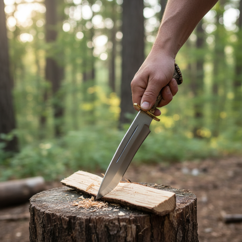 Customer hand holding a handmade D2 Bowie knife at a forest campsite
