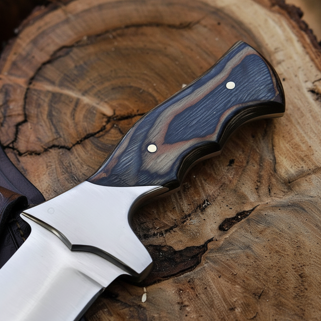 Close-up of blue pakkawood hardwood handle with brass pins on premium handmade fixed blade knife
