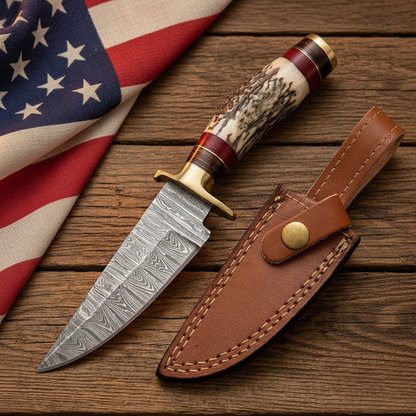 Damascus hunting fixed blade knife with stag horn handle and brown leather sheath on rustic wood with an American flag