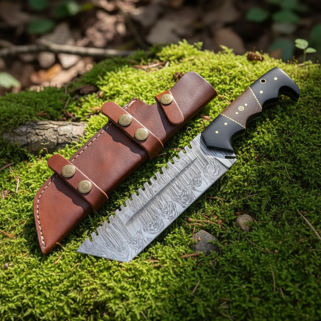 Damascus sawback tanto hunting knife and brown leather sheath resting on green forest moss