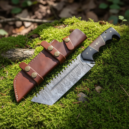 Damascus sawback tanto hunting knife and brown leather sheath resting on green forest moss