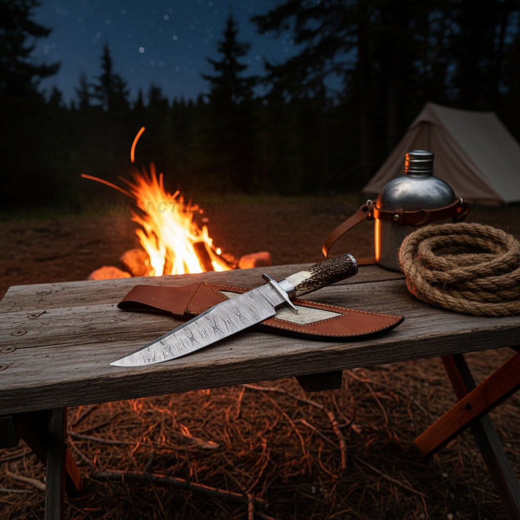 Handmade Damascus Bowie knife beside glowing campfire, outdoor USA camping lifestyle