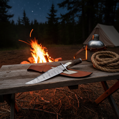 Handmade Damascus Bowie knife beside glowing campfire, outdoor USA camping lifestyle