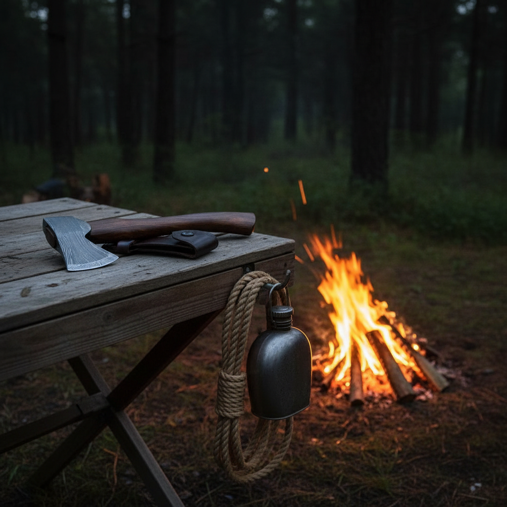 Handmade Damascus bearded axe on rustic camping table beside glowing campfire