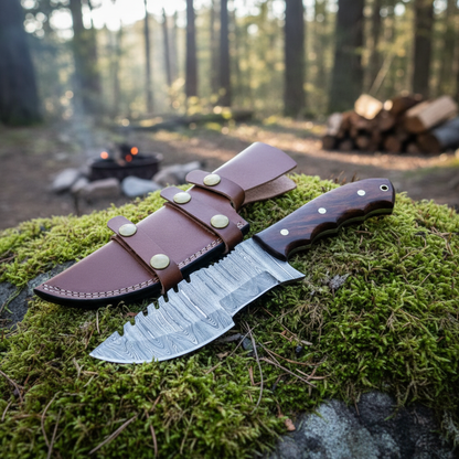 Damascus steel tracker knife with walnut handle and sheath staged on mossy rocks at a forest campsite