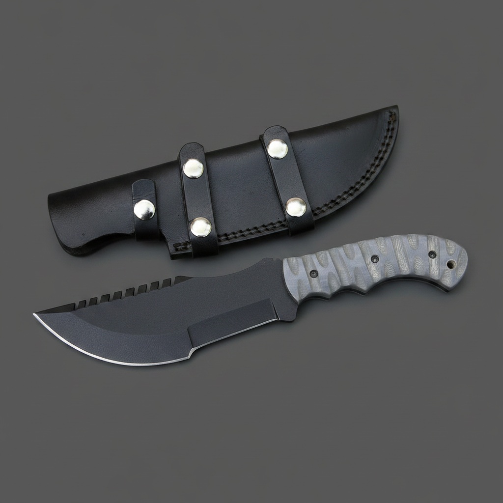 J2 steel tracker hunting knife with black coated blade, gray G10 handle, and black leather sheath on charcoal background, right-facing