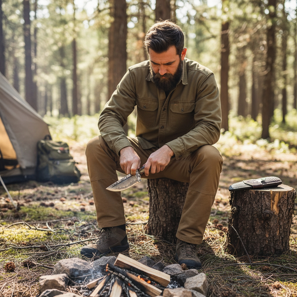 Bearded man looking down while safely using the handmade Damascus tracker knife at a bright forest campsite