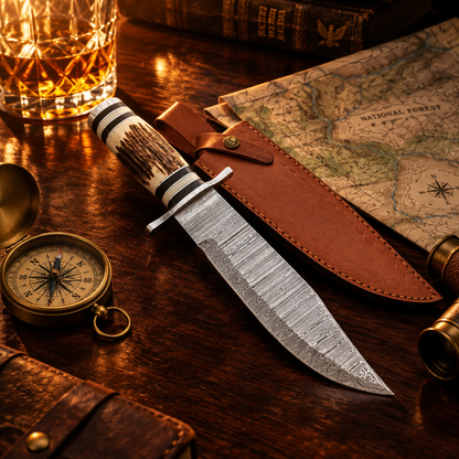 Handmade Damascus Bowie knife luxury cinematic editorial compass whiskey glass topographic map dark mahogany