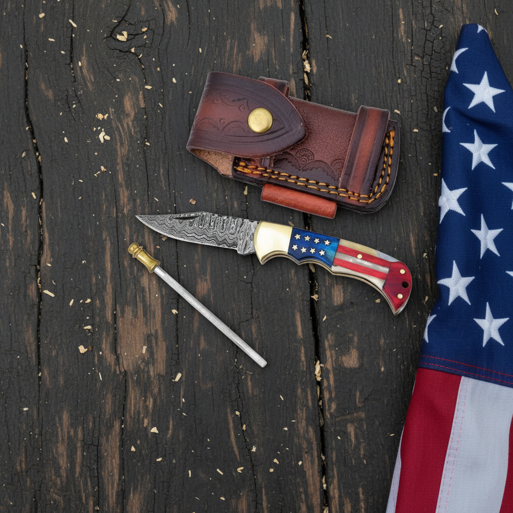 Damascus folding pocket knife, embossed leather sheath, and sharpening steel rod on dark wood beside a USA flag