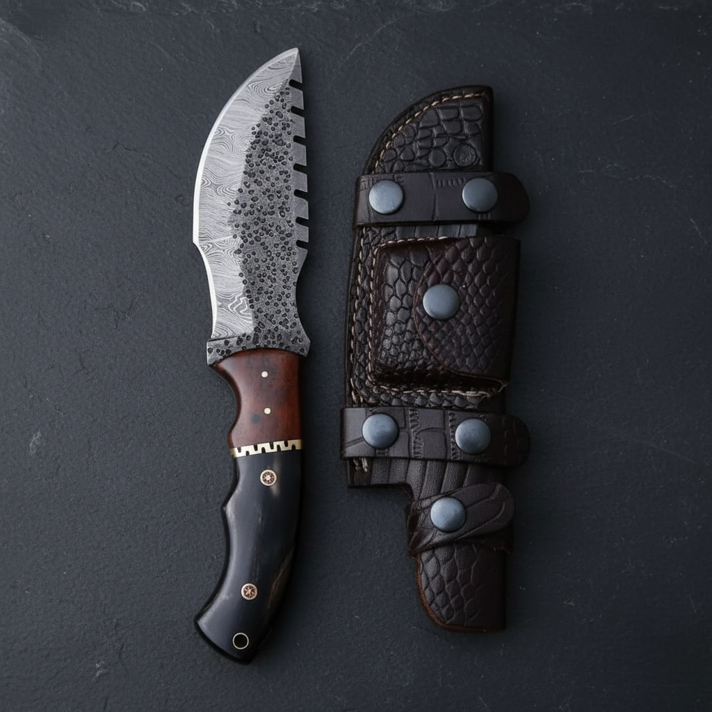 Damascus tracker knife on a dark slate background with leather sheath