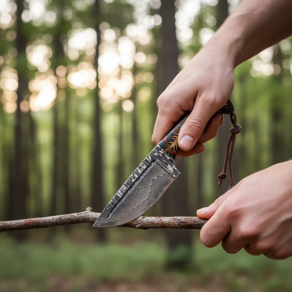 Hands safely using the handmade Damascus tracker knife for a camp task against a forest background