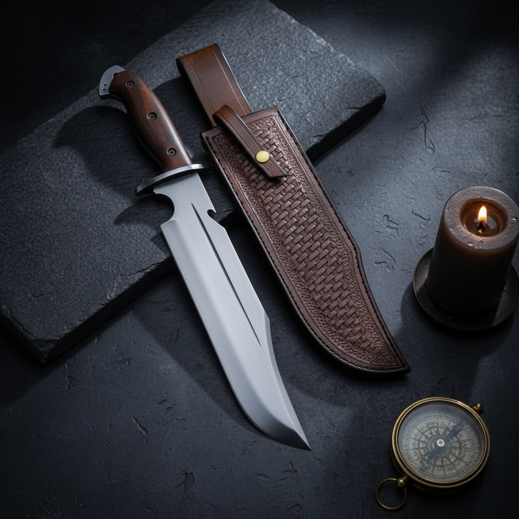 Hand forged high carbon Bowie hunting knife and brown basketweave leather sheath in a dark cinematic editorial setting