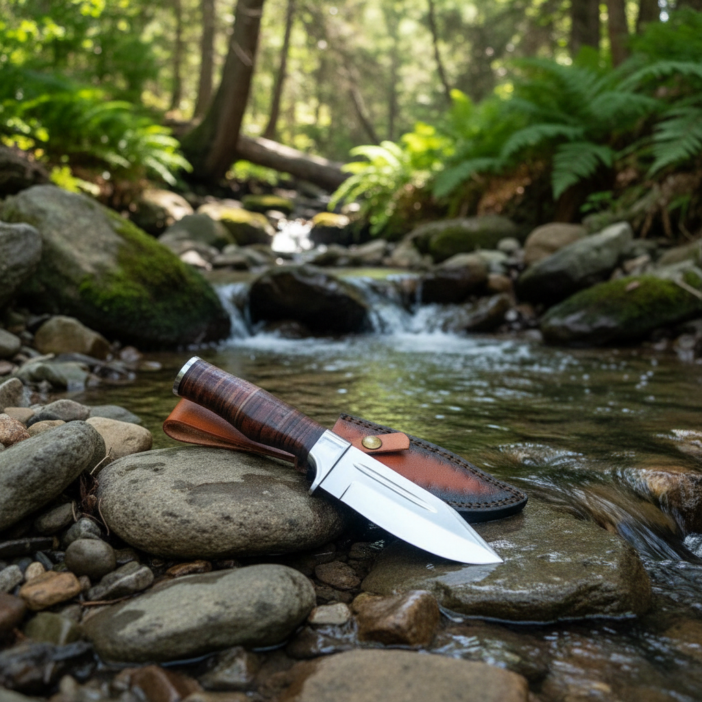 Handmade D2 steel skinner knife with leather handle resting on river rocks near clear forest stream
