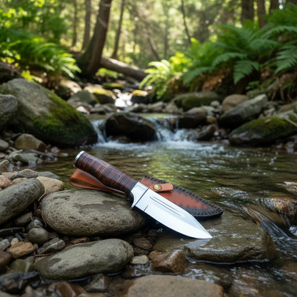 Handmade D2 steel skinner knife with leather handle resting on river rocks near clear forest stream