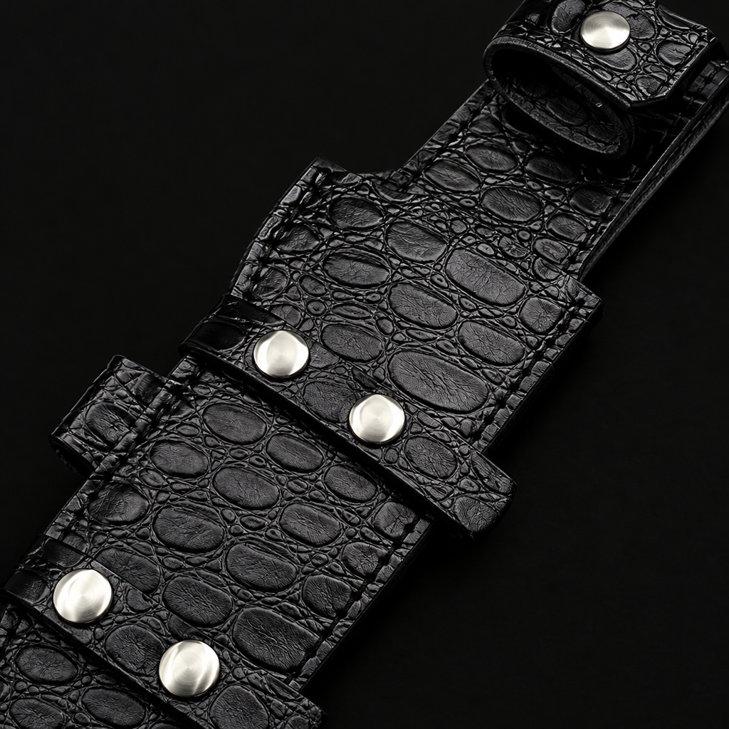 Extreme close-up of black crocodile embossed genuine leather horizontal carry sheath with silver rivets on pure black background