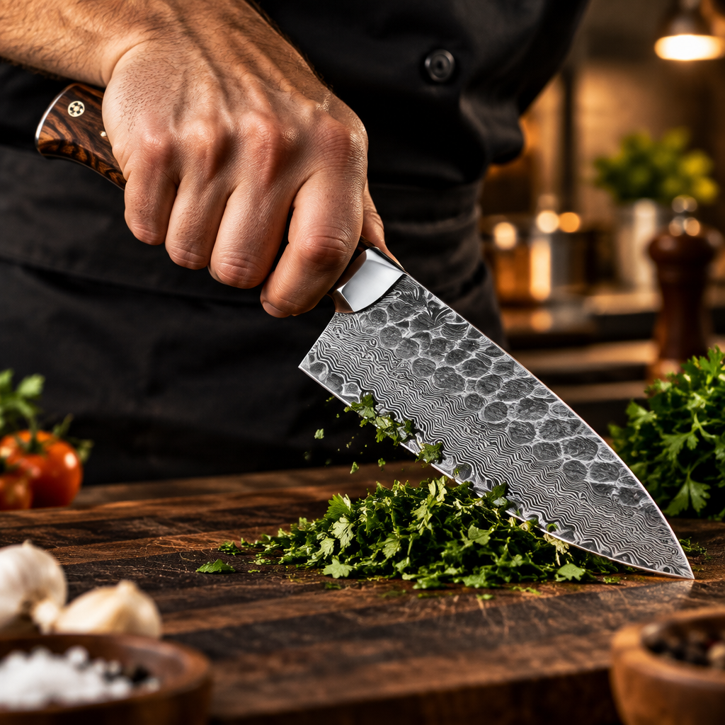 Chef hand gripping handforged Damascus steel kitchen knife walnut handle steel bolster confident chopping grip on wooden cutting board