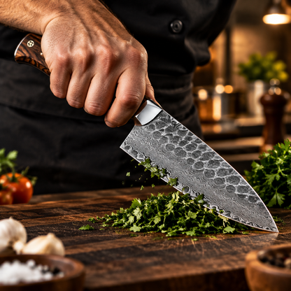 Chef hand gripping handforged Damascus steel kitchen knife walnut handle steel bolster confident chopping grip on wooden cutting board