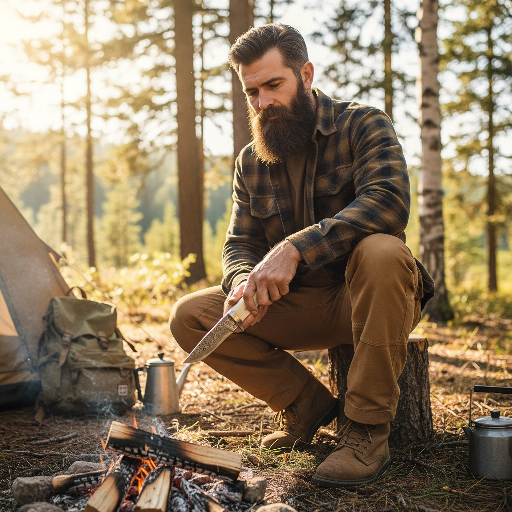 Rugged outdoorsman using handmade Damascus drop point knife at bright outdoor forest campsite face visible