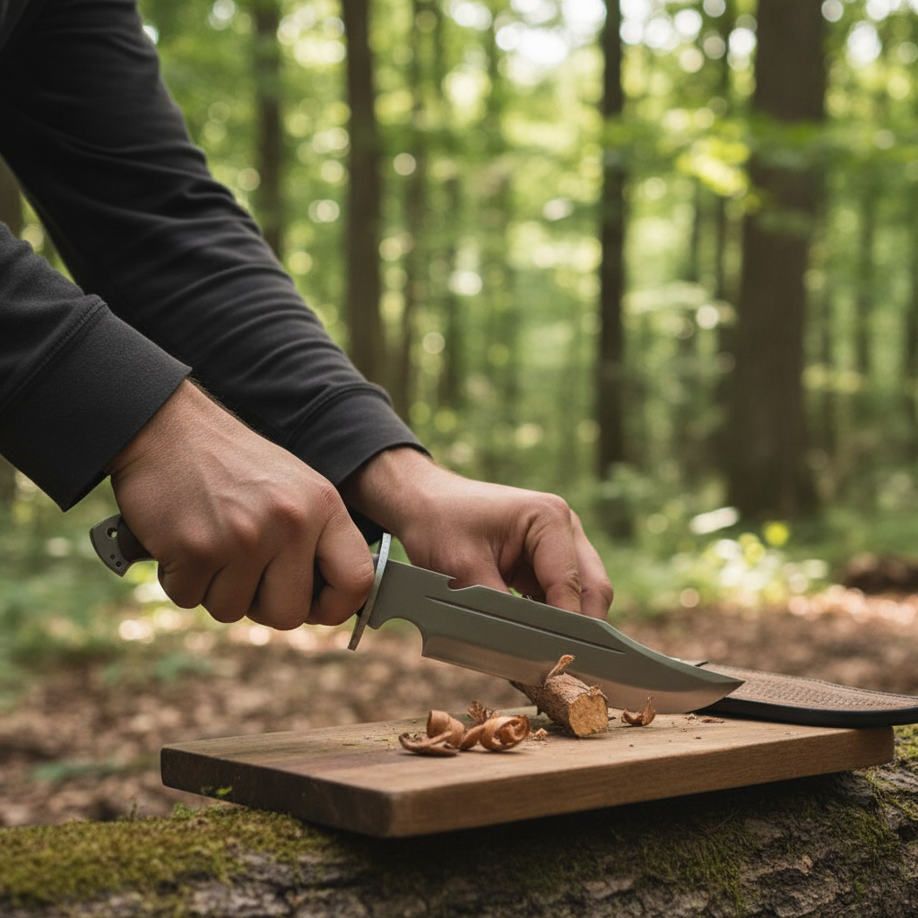 Hands safely using a hand forged high carbon Bowie knife for a camp task against a forest background