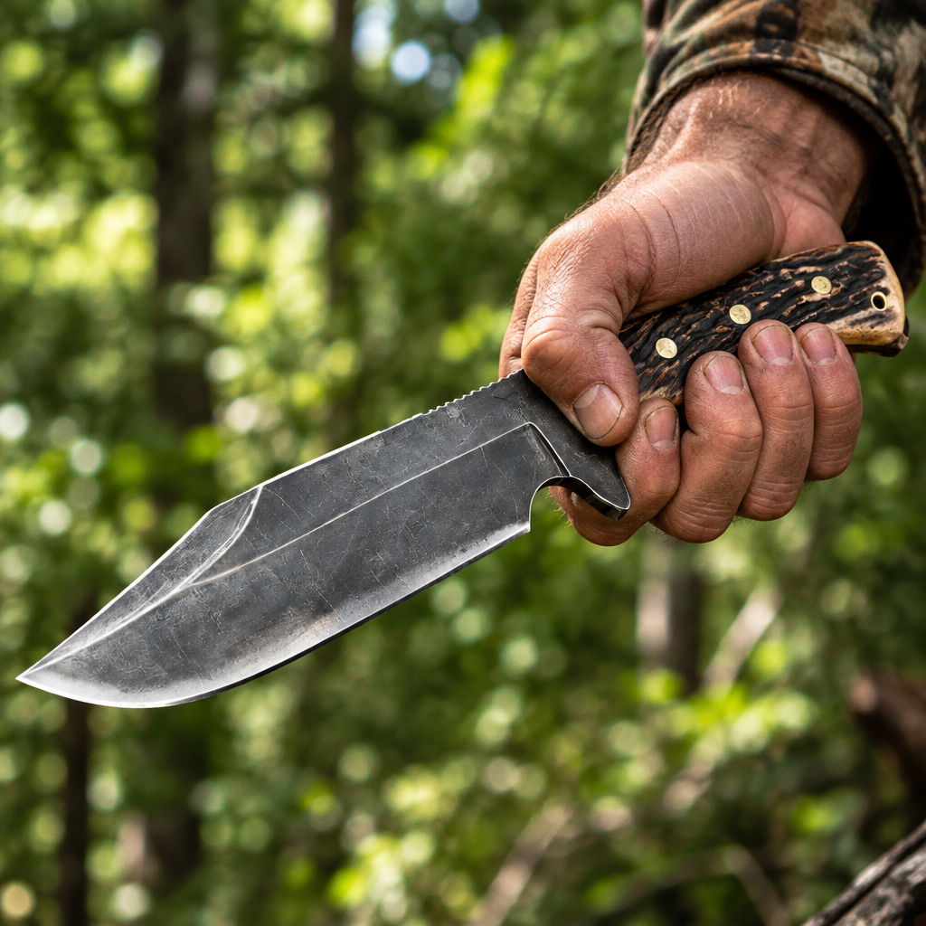 Rugged hand gripping carbon steel boar Bowie hunting knife stag antler handle wide stone-washed blade outdoor forest bokeh background