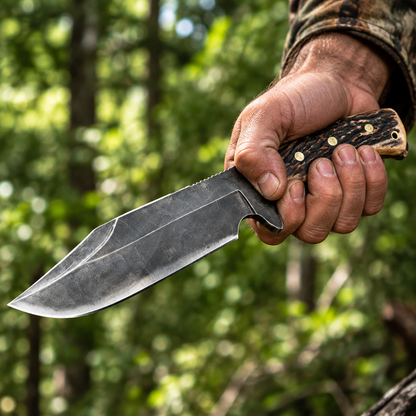 Rugged hand gripping carbon steel boar Bowie hunting knife stag antler handle wide stone-washed blade outdoor forest bokeh background
