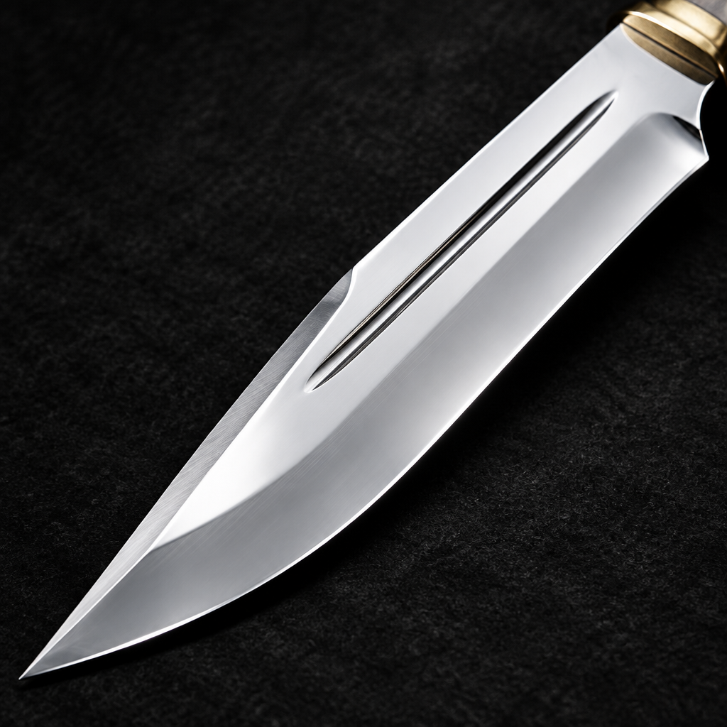 Extreme close-up of handmade D2 steel Bowie knife blade mirror polished with dual blood grooves on deep black charcoal background