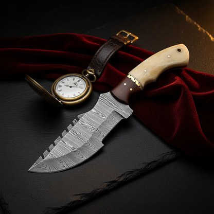 Damascus camel bone rosewood tracker knife with pocket watch and red velvet in dark luxury editorial photography
