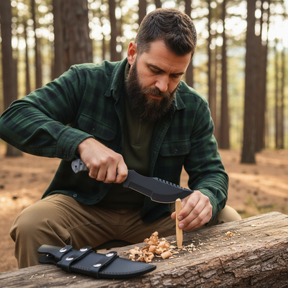 Bearded man safely using a J2 steel tracker hunting knife at a woodland campsite with no flag