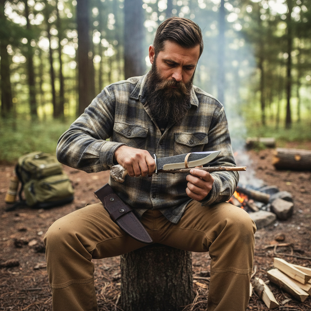 Bearded man safely using the high carbon Bowie hunting knife during a wood shaving task at a forest campsite