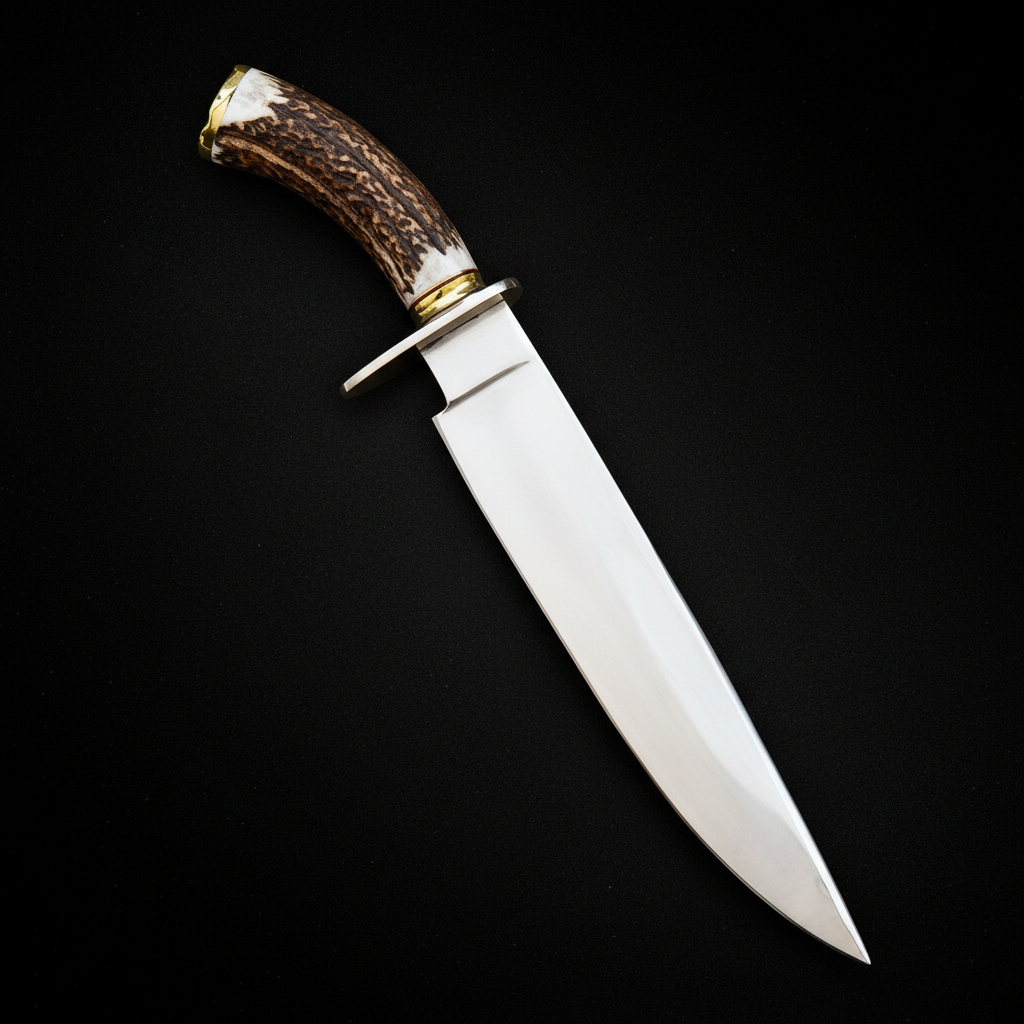 Carbon steel Bowie knife stag antler handle brass bolster studio shot centered on deep black charcoal background